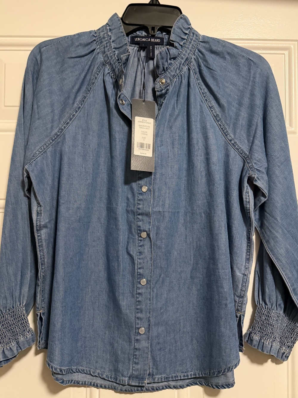 Veronica Beard Light Blue Chambray Button-Front Smocked Neck Top